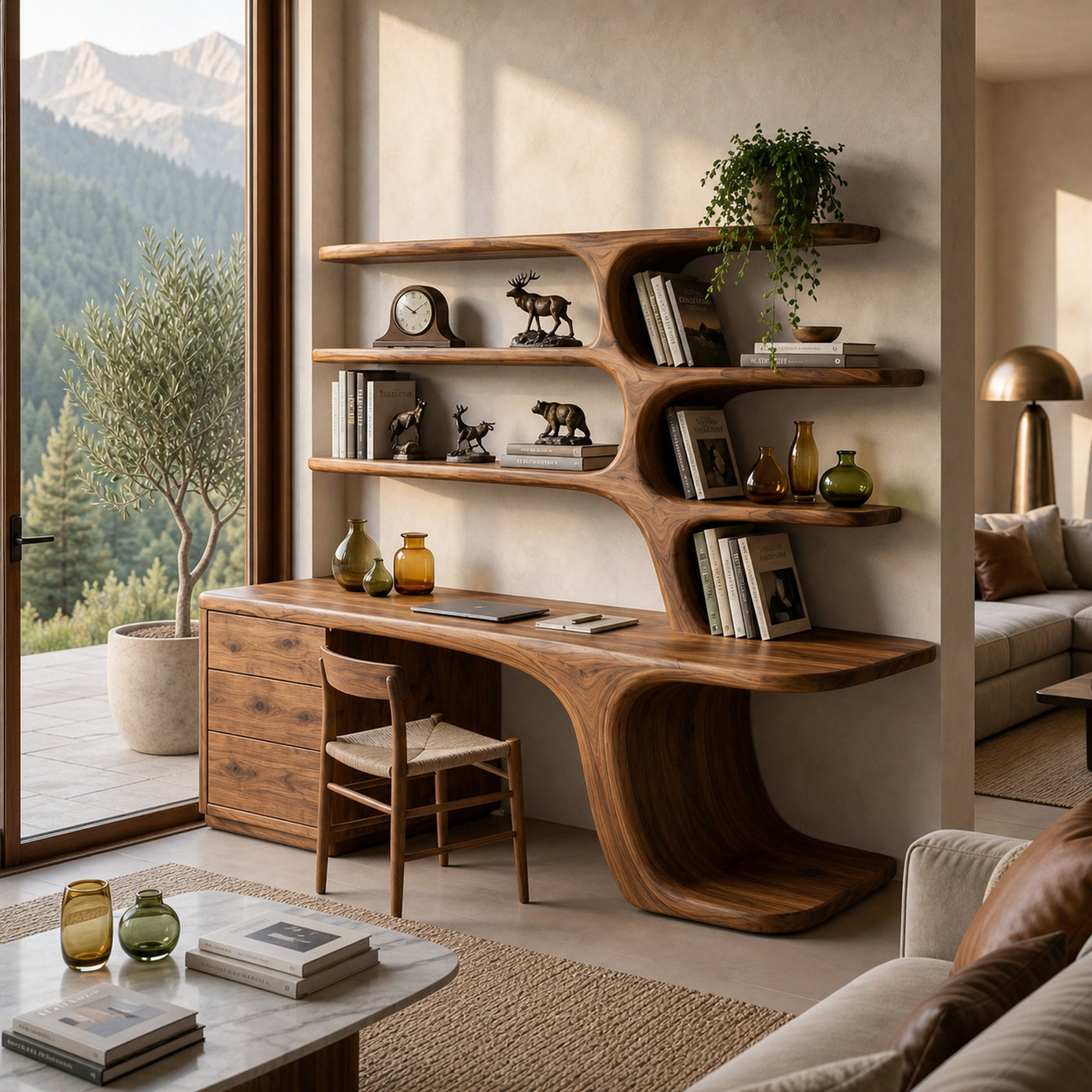 Modern Wood Desk With Built In Bookshelves For Workspace