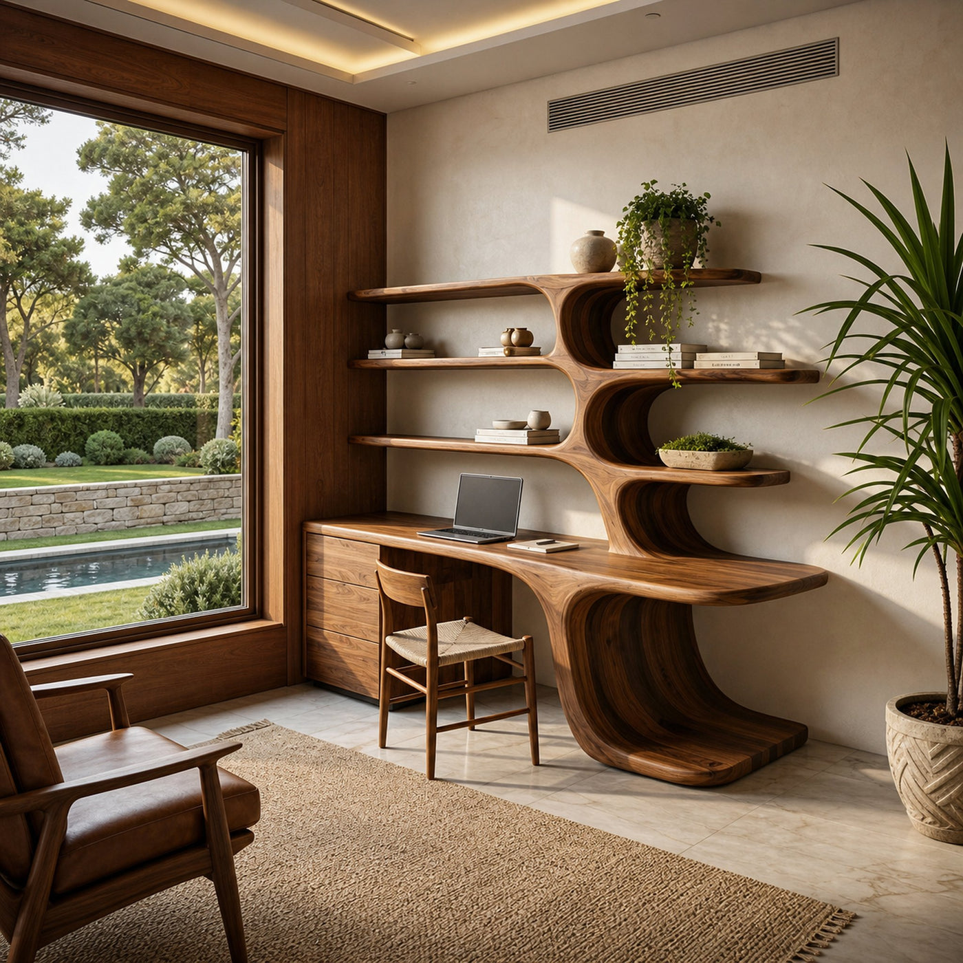 Modern Wood Desk With Built In Bookshelves For Workspace - product view 6