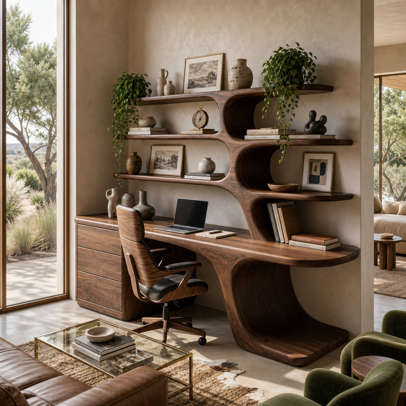Modern Wood Desk With Built In Bookshelves For Workspace - product view 7