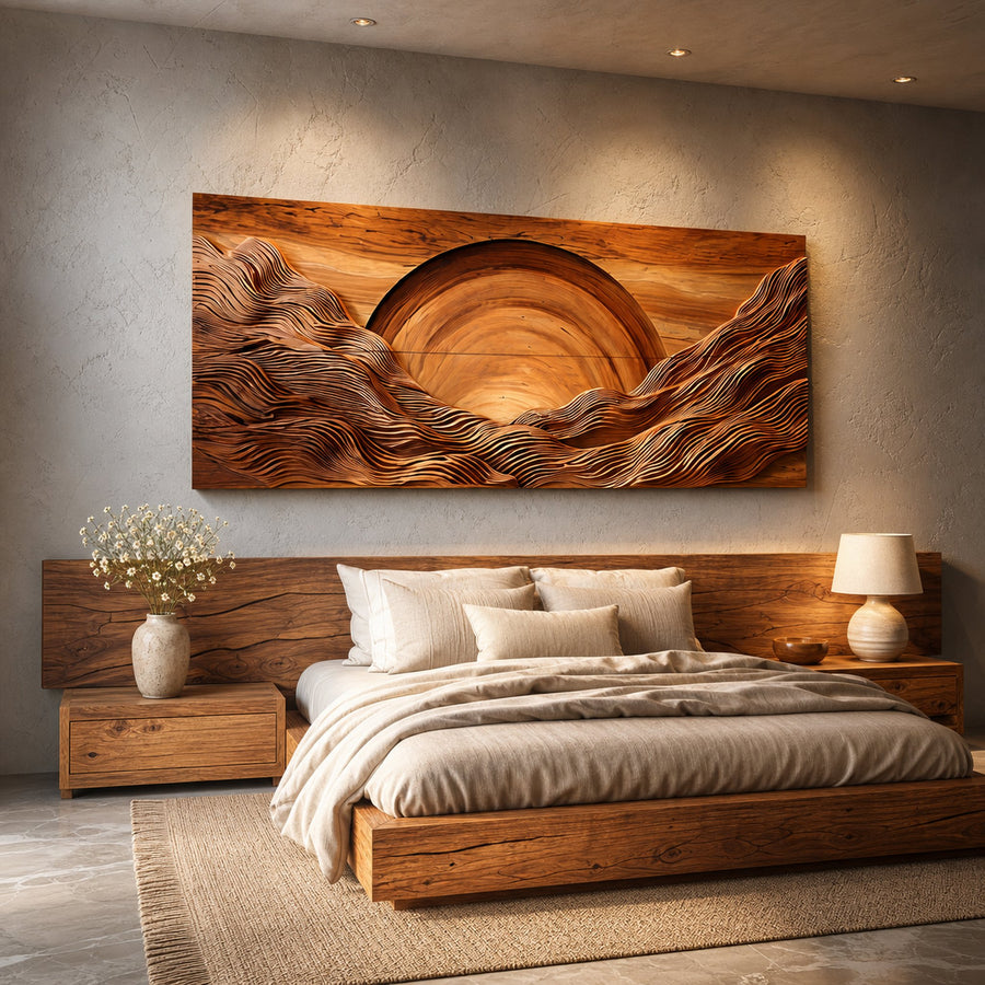 Modern Wood Mountain Sunrise Wall Art For Living Room