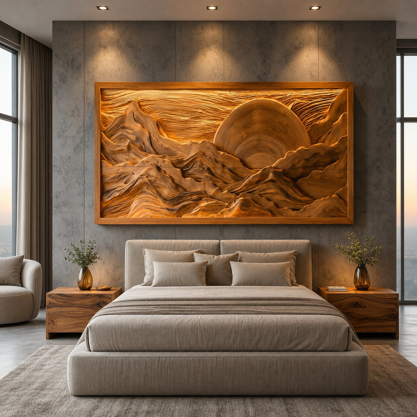 Modern Wood Mountain Sunset Wall Art For Living Room