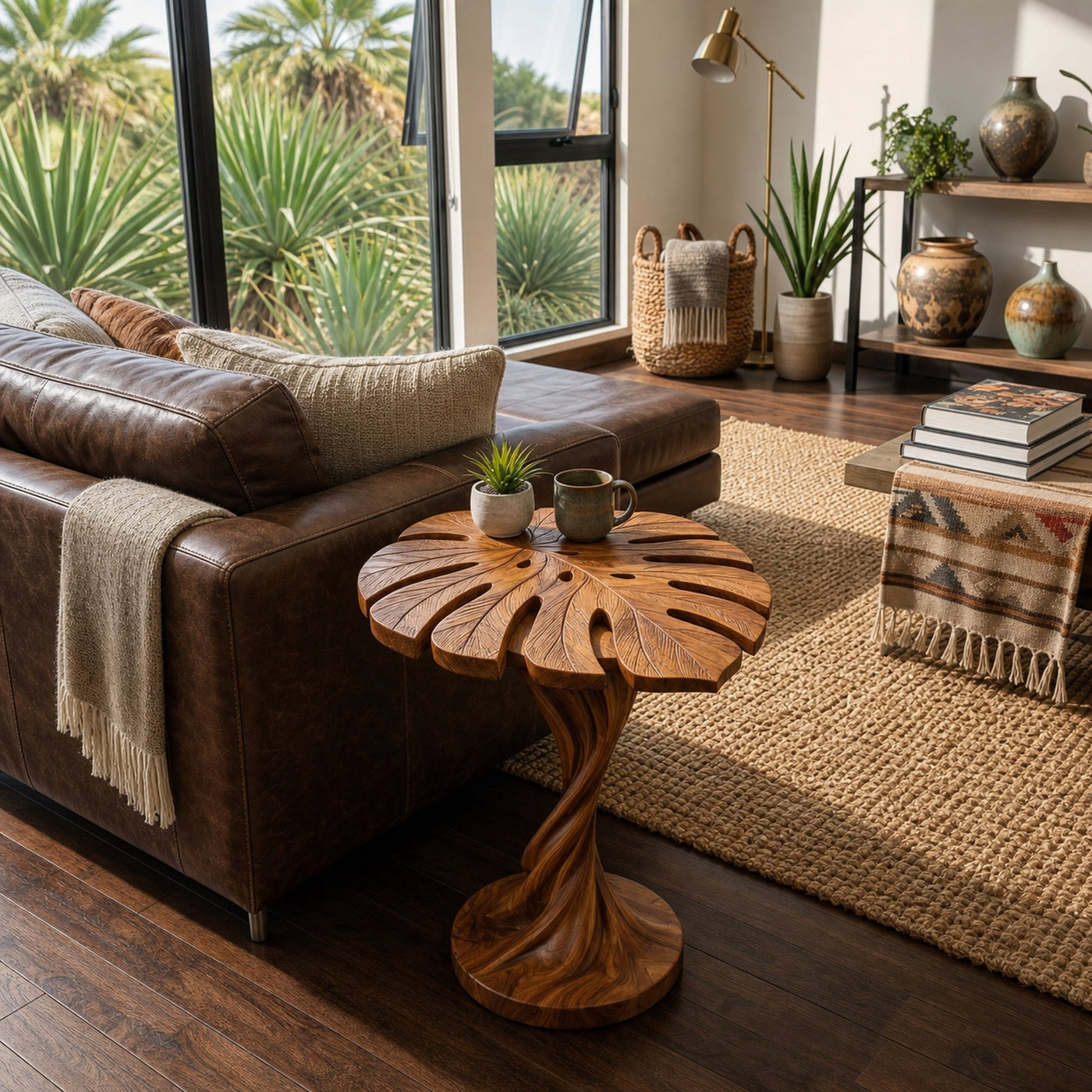 Modern Wood Side Table With Artistic Leaf Top For Living