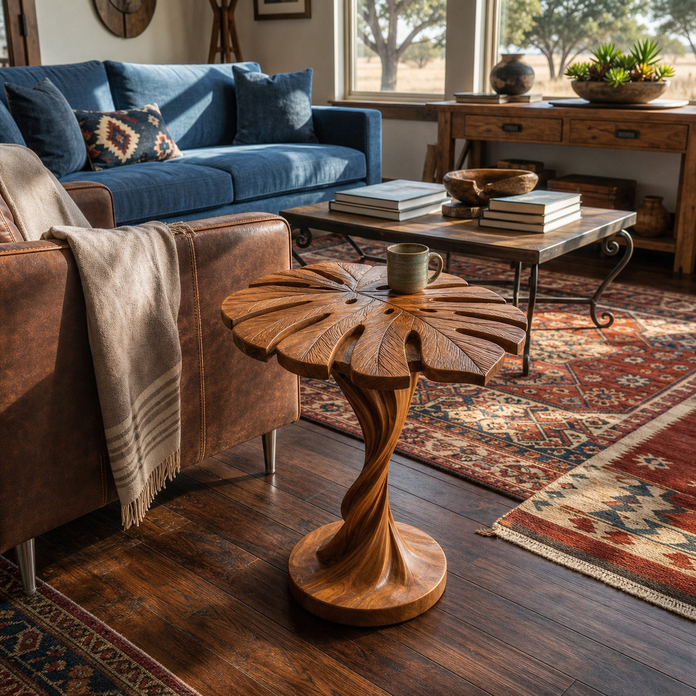 Modern Wood Side Table With Artistic Leaf Top For Living - product view 6