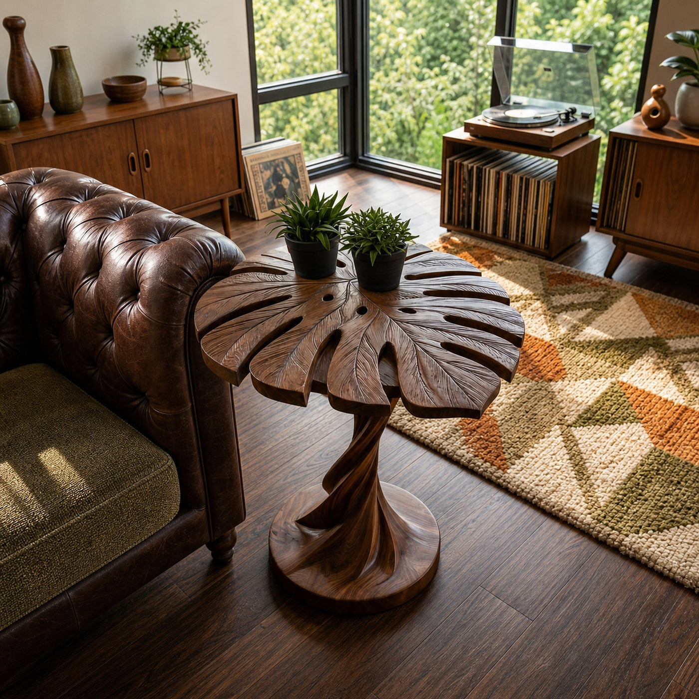 Modern Wood Side Table With Artistic Leaf Top For Living - product view 7