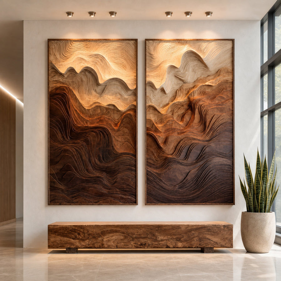 Modern Wood Wall Art Mountain Carved Design For Interior Decor