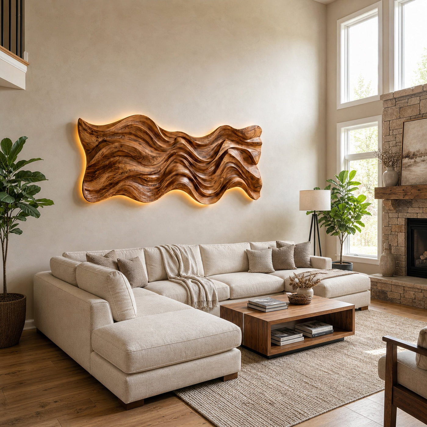 Modern Wood Wall Art With Wave Sculpture For Living Room