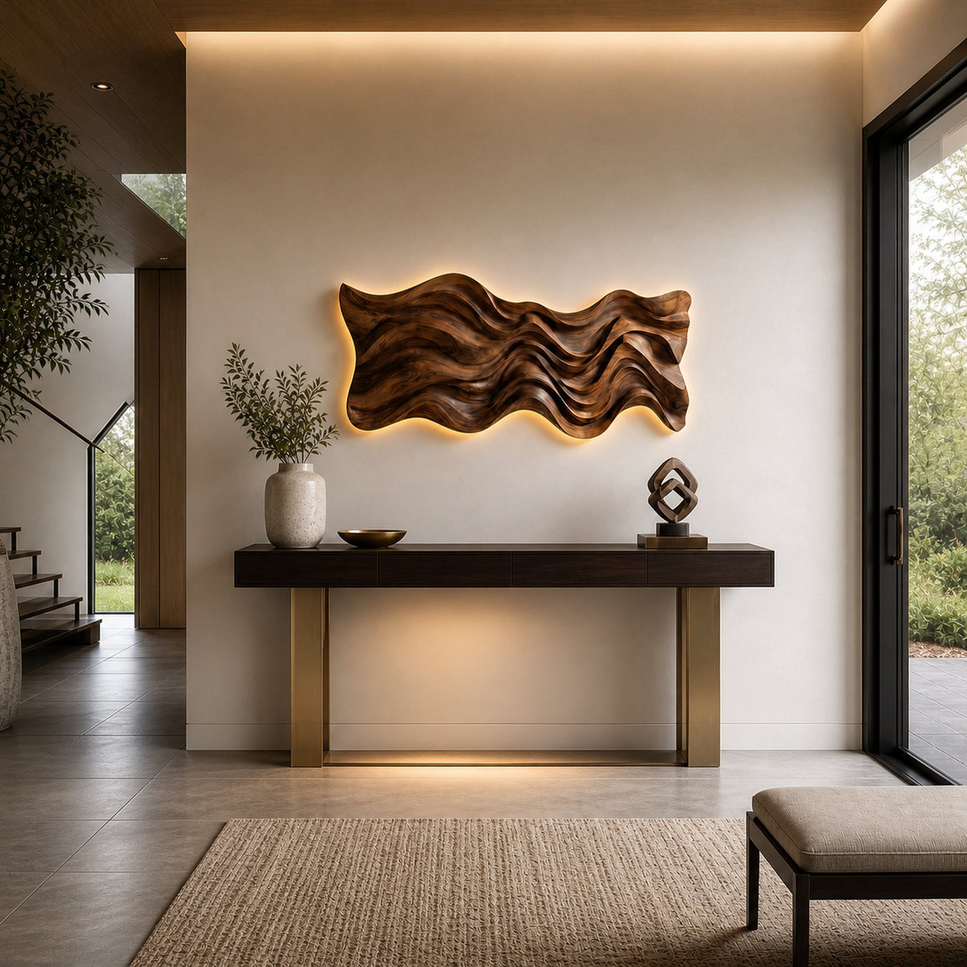 Modern Wood Wall Art With Wave Sculpture For Living Room - product view 7