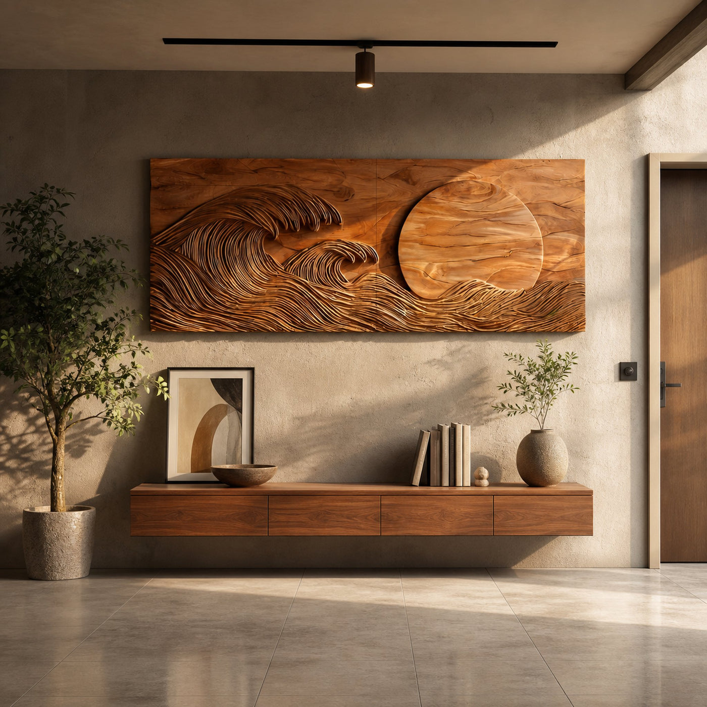 Modern Wood Wave And Sun Wall Art For Living Space