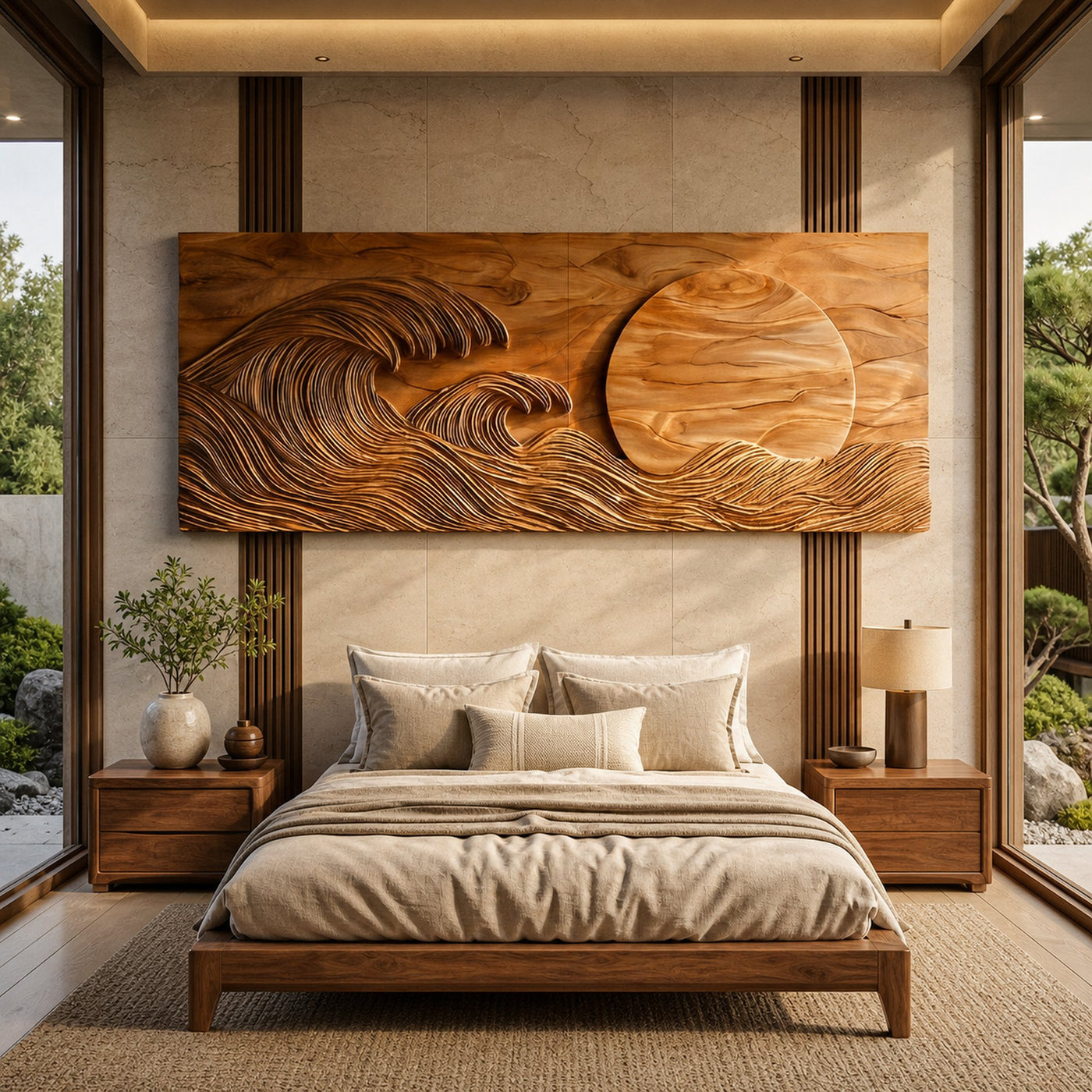 Modern Wood Wave And Sun Wall Art For Living Space - product view 6