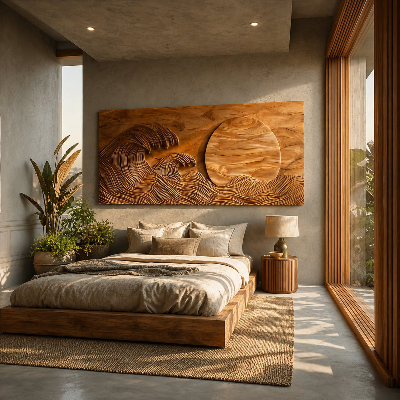 Modern Wood Wave And Sun Wall Art For Living Space - product view 7