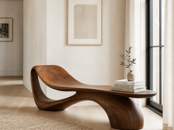 Modern Wooden Bench With Curved Sculptural For Living Decor