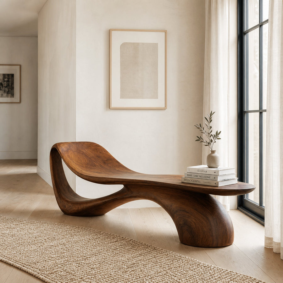 Modern Wooden Bench With Curved Sculptural For Living Decor