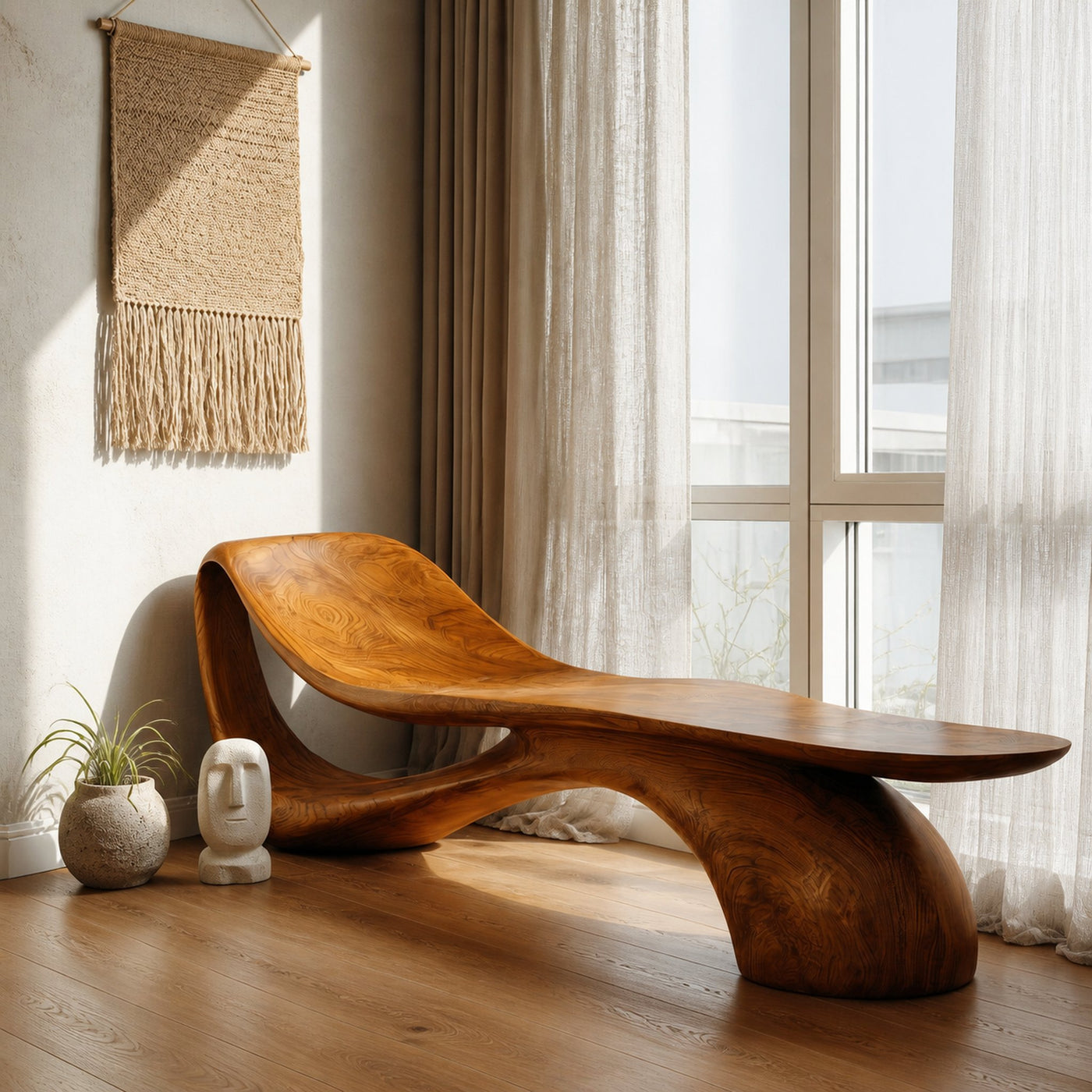Modern Wooden Bench With Curved Sculptural For Living Decor - product view 6