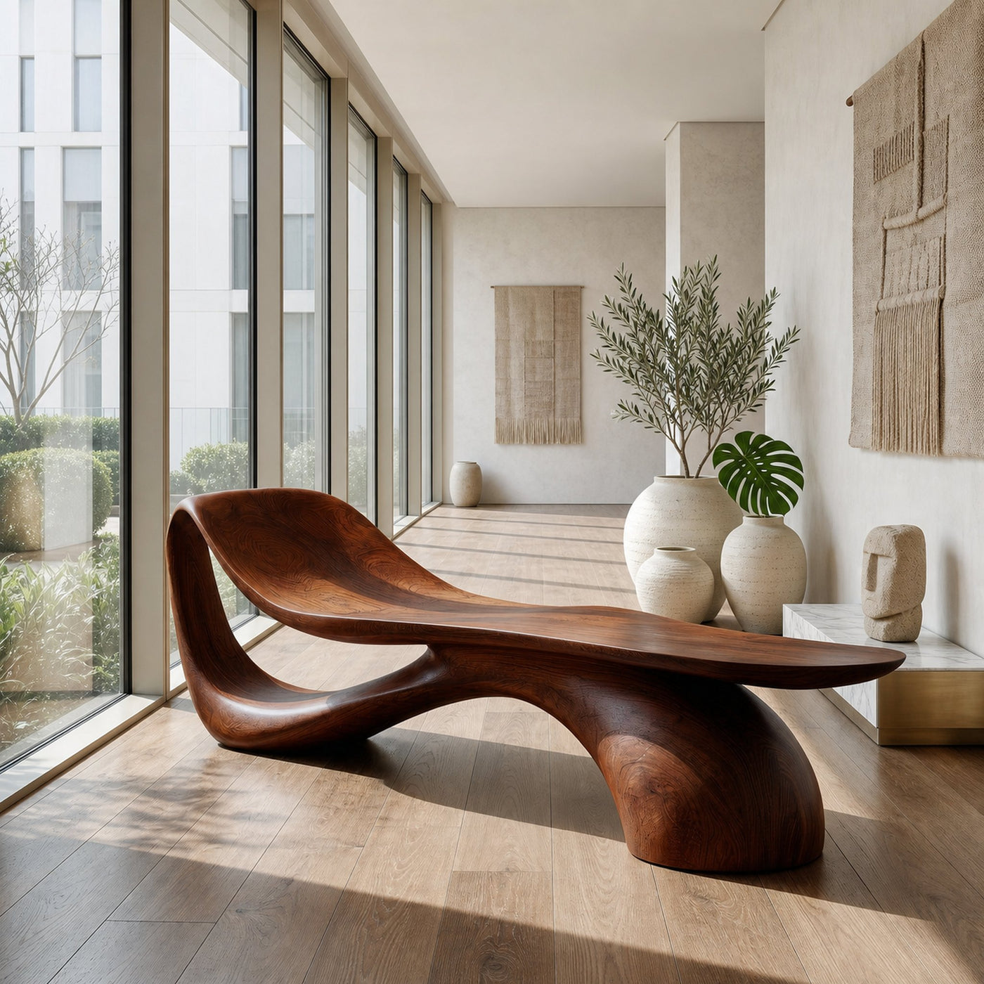 Modern Wooden Bench With Curved Sculptural For Living Decor - product view 7