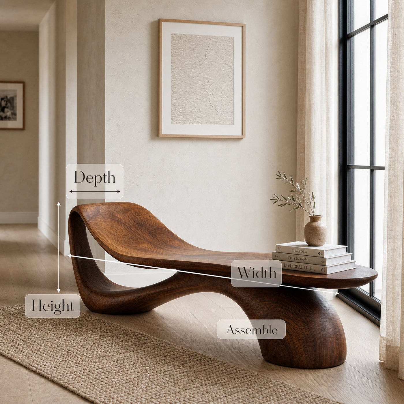 Modern Wooden Bench With Curved Sculptural For Living Decor - product view 8