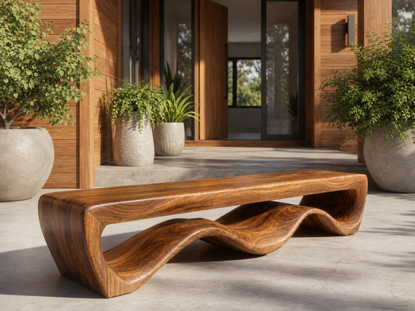 Modern Wooden Bench With Flowing Base For Hallway