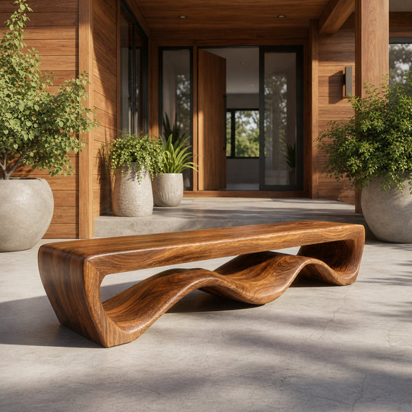 Modern Wooden Bench With Flowing Base For Hallway