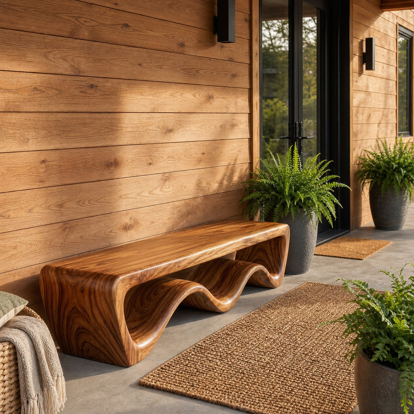 Modern Wooden Bench With Flowing Base For Hallway - product view 6