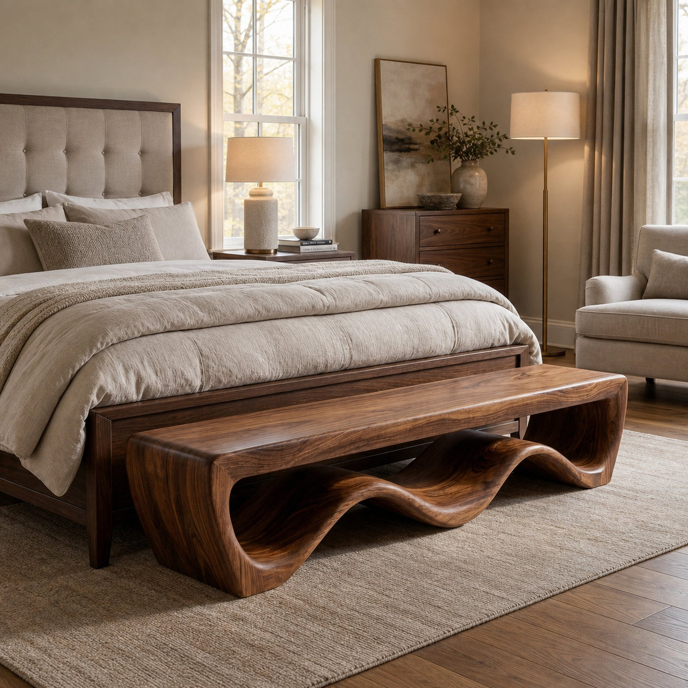 Modern Wooden Bench With Flowing Base For Hallway - product view 7