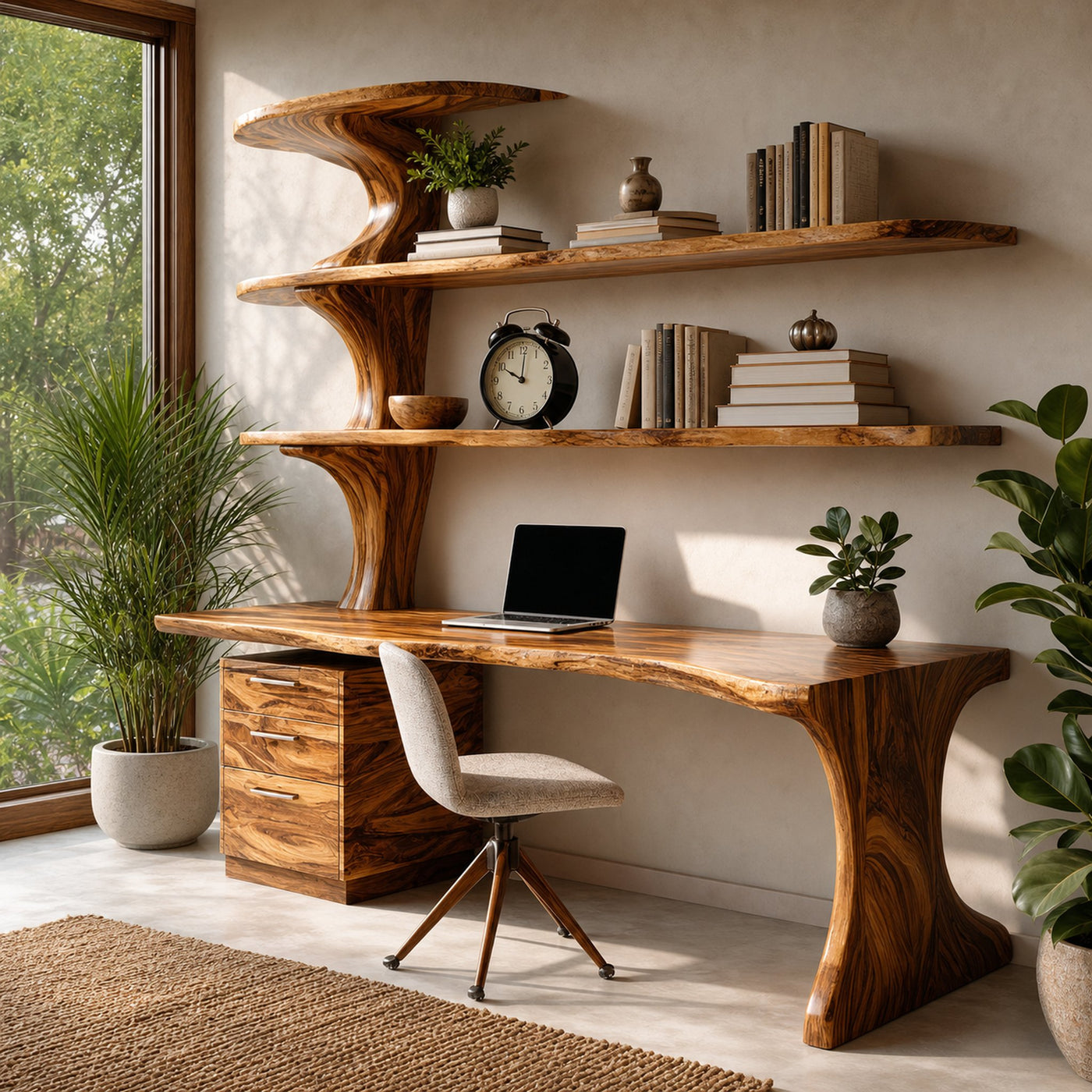 Modern Wooden Desk With Built In Bookshelves For Office Decor