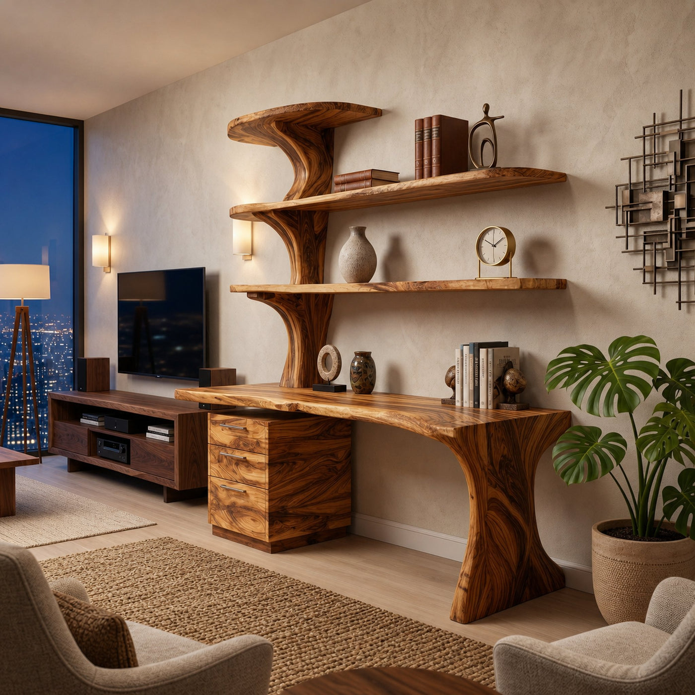 Modern Wooden Desk With Built In Bookshelves For Office Decor - product view 6