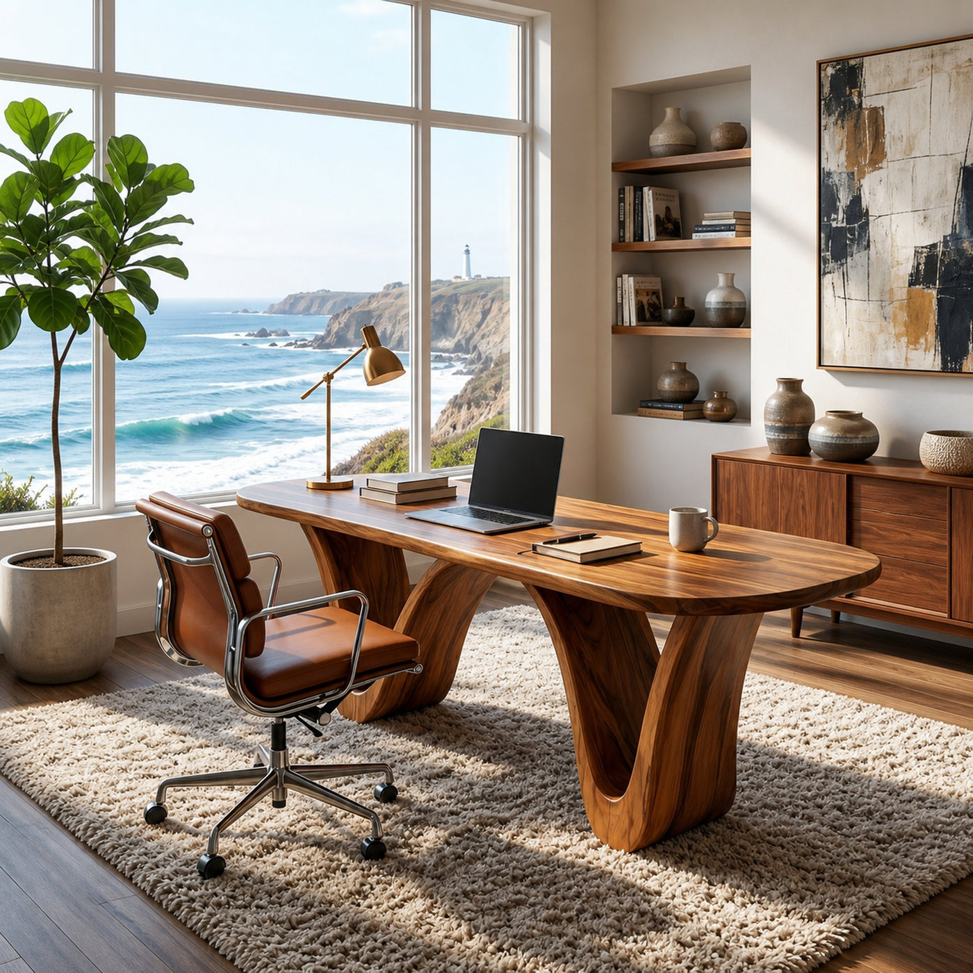 Modern Wooden Desk With Curved Base For Home Office