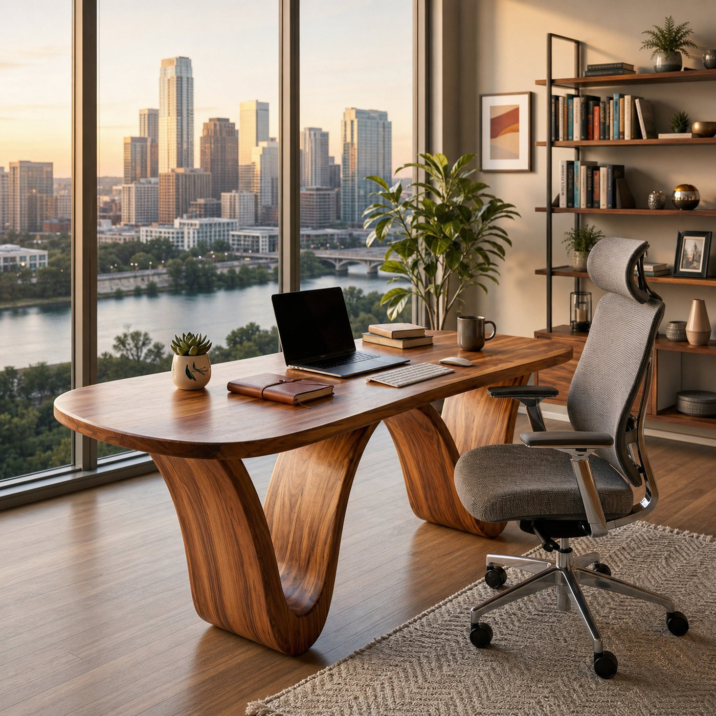 Modern Wooden Desk With Curved Base For Home Office - product view 6