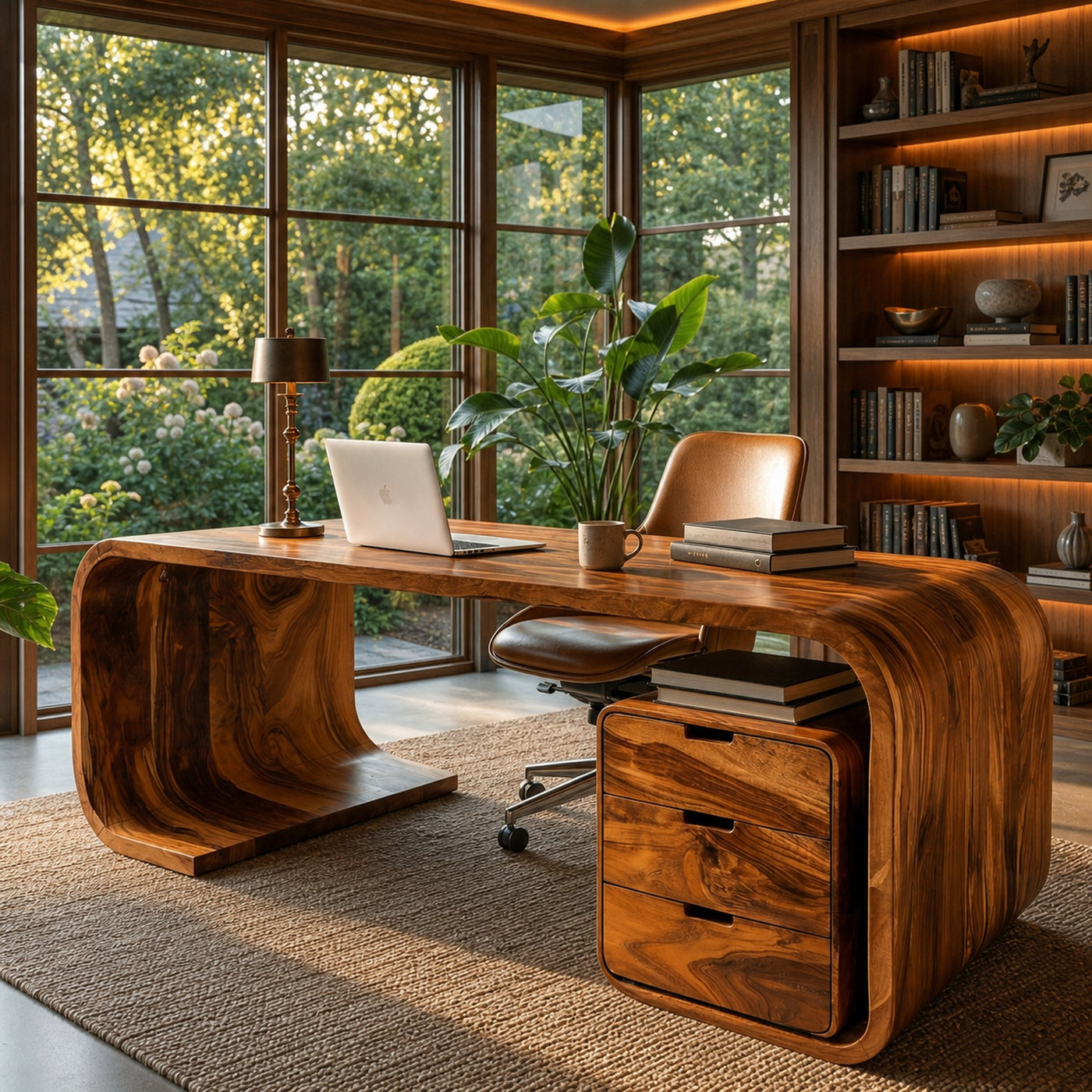 Modern Wooden Desk With Curved Base For Home Office