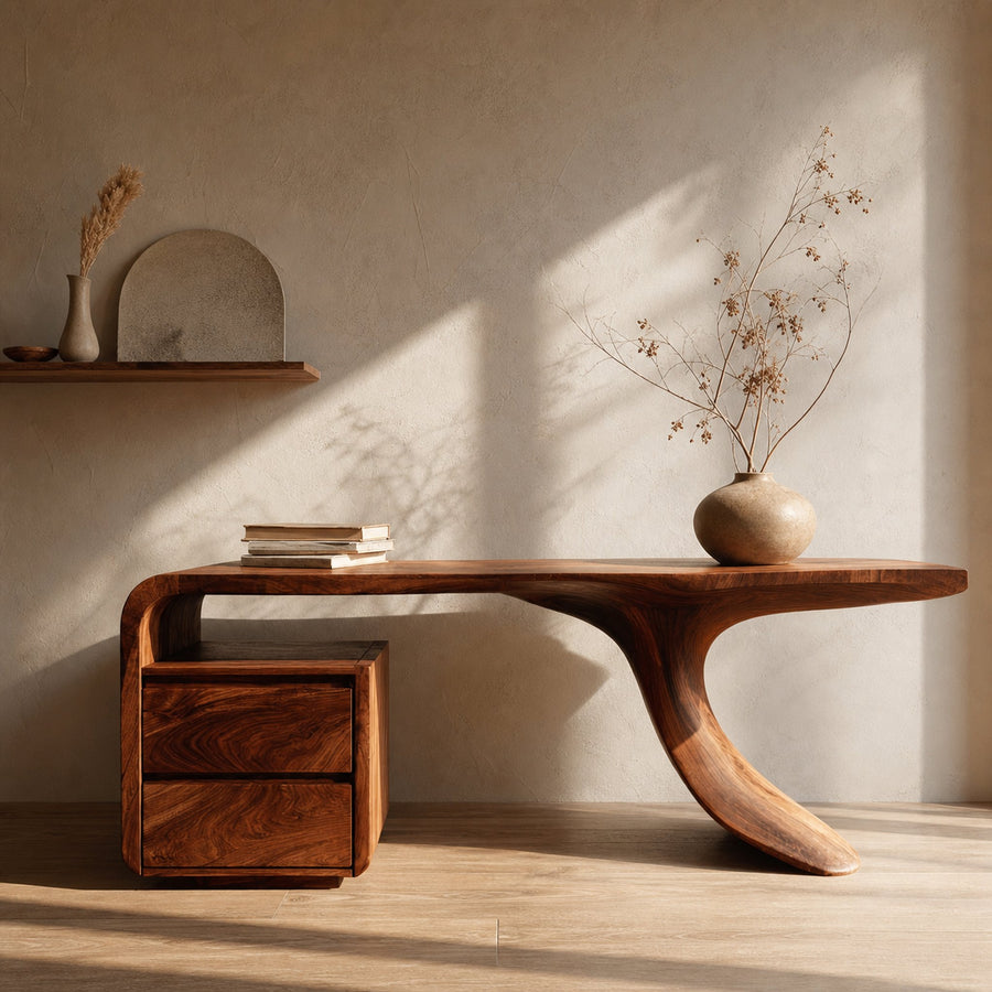 Modern Wooden Desk With Unique Curved Base For Workspace