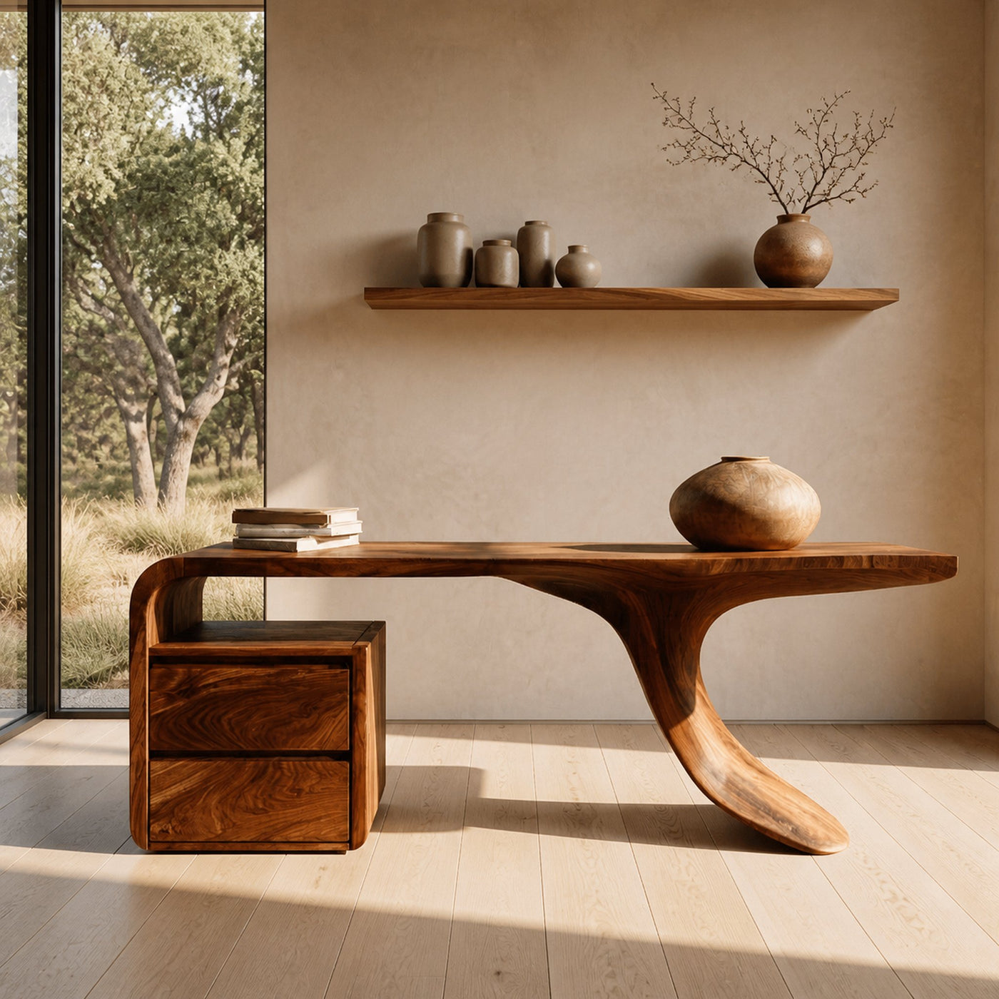 Modern Wooden Desk With Unique Curved Base For Workspace - product view 6