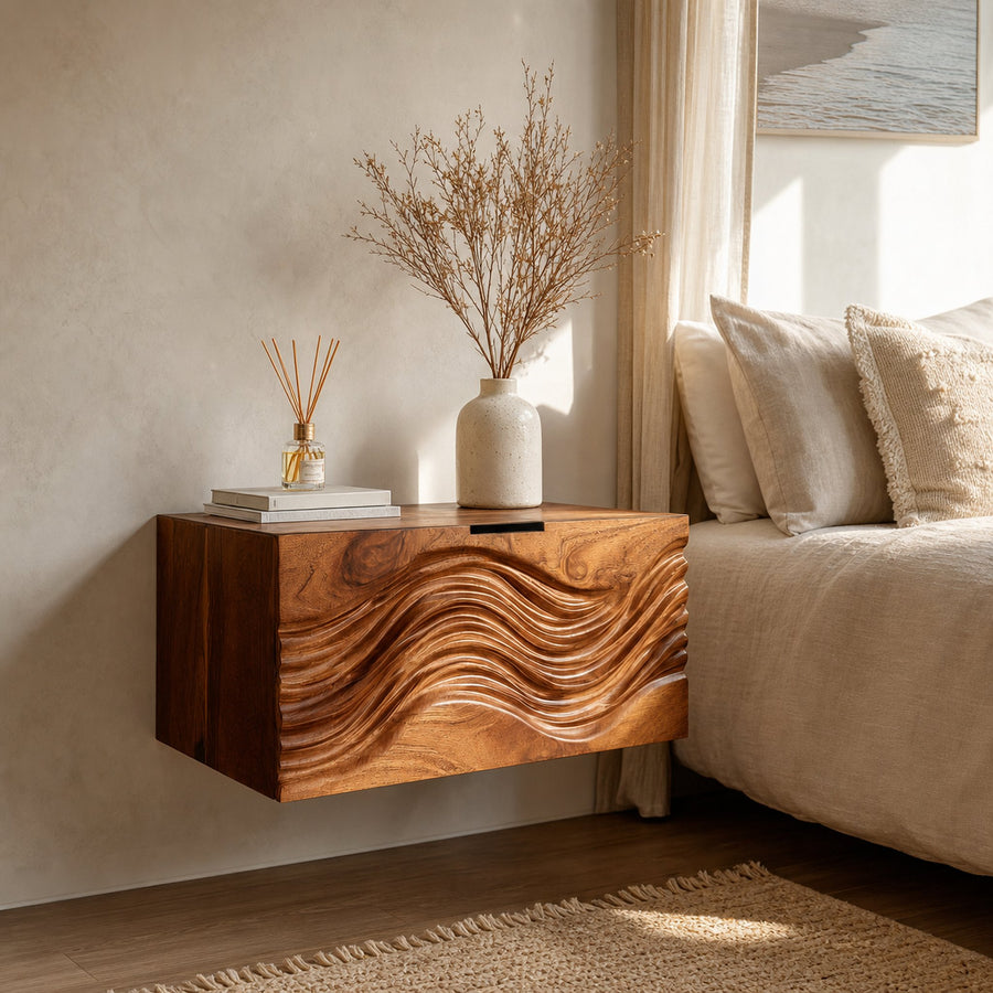 Modern Wooden Floating Nightstand With Wave Carved Front For Bedroom