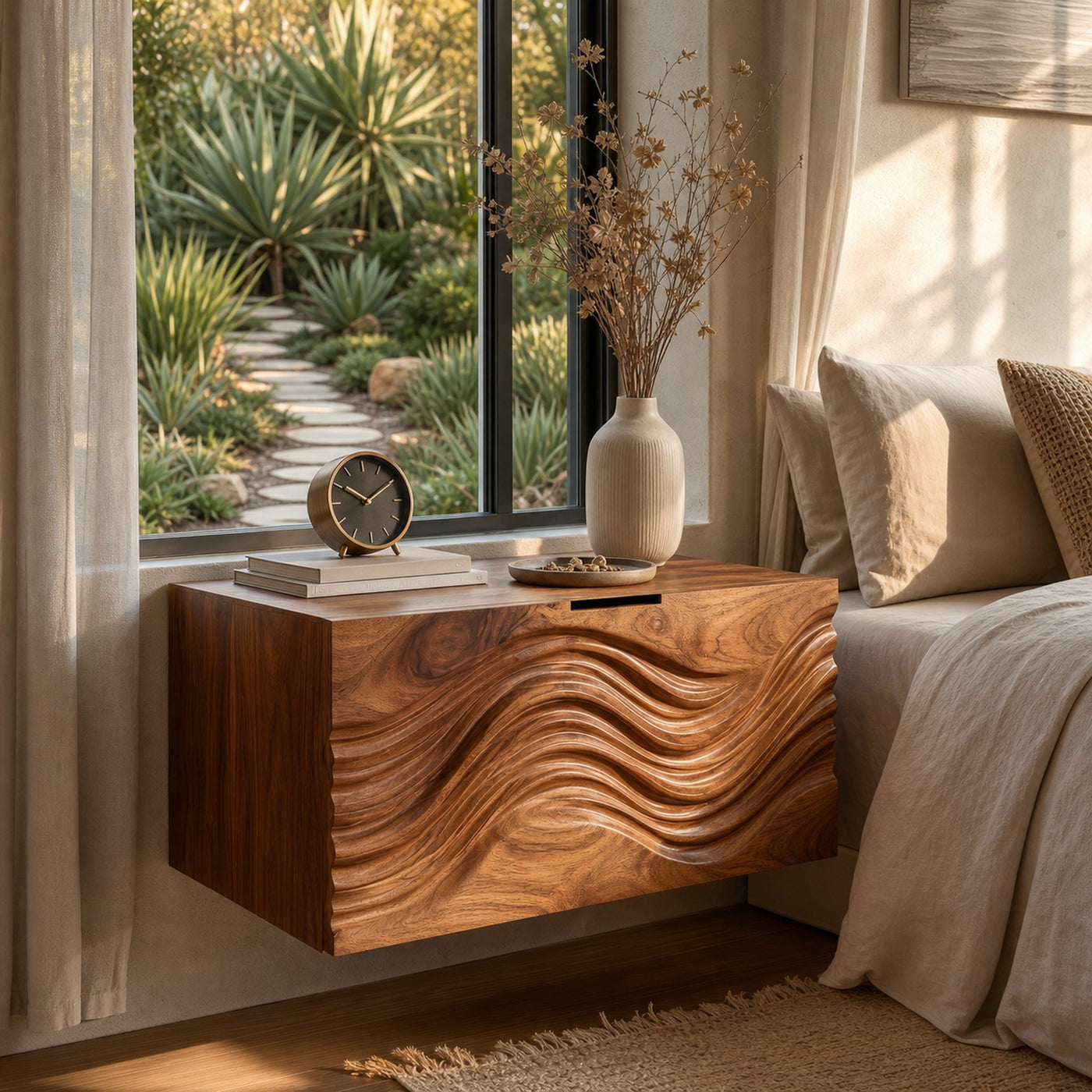 Modern Wooden Floating Nightstand With Wave Carved Front For Bedroom - product view 6