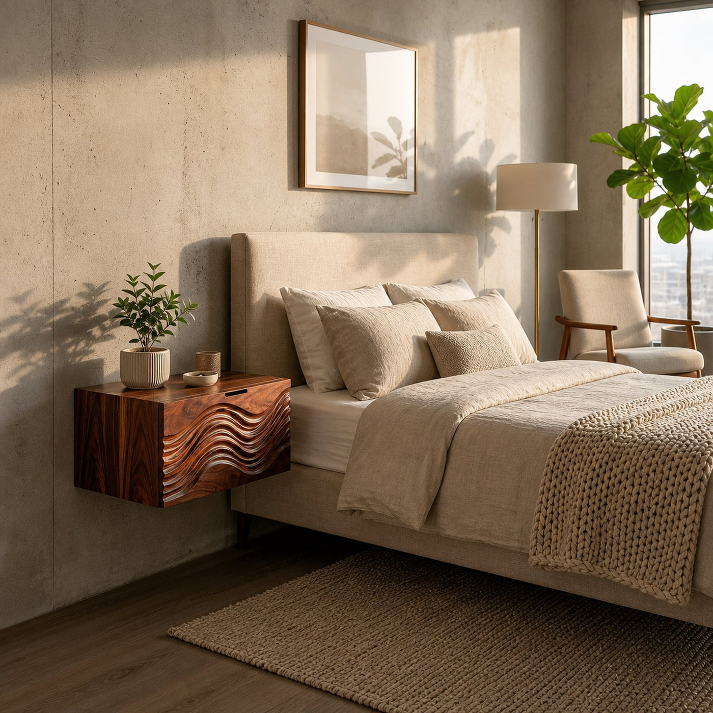 Modern Wooden Floating Nightstand With Wave Carved Front For Bedroom - product view 7