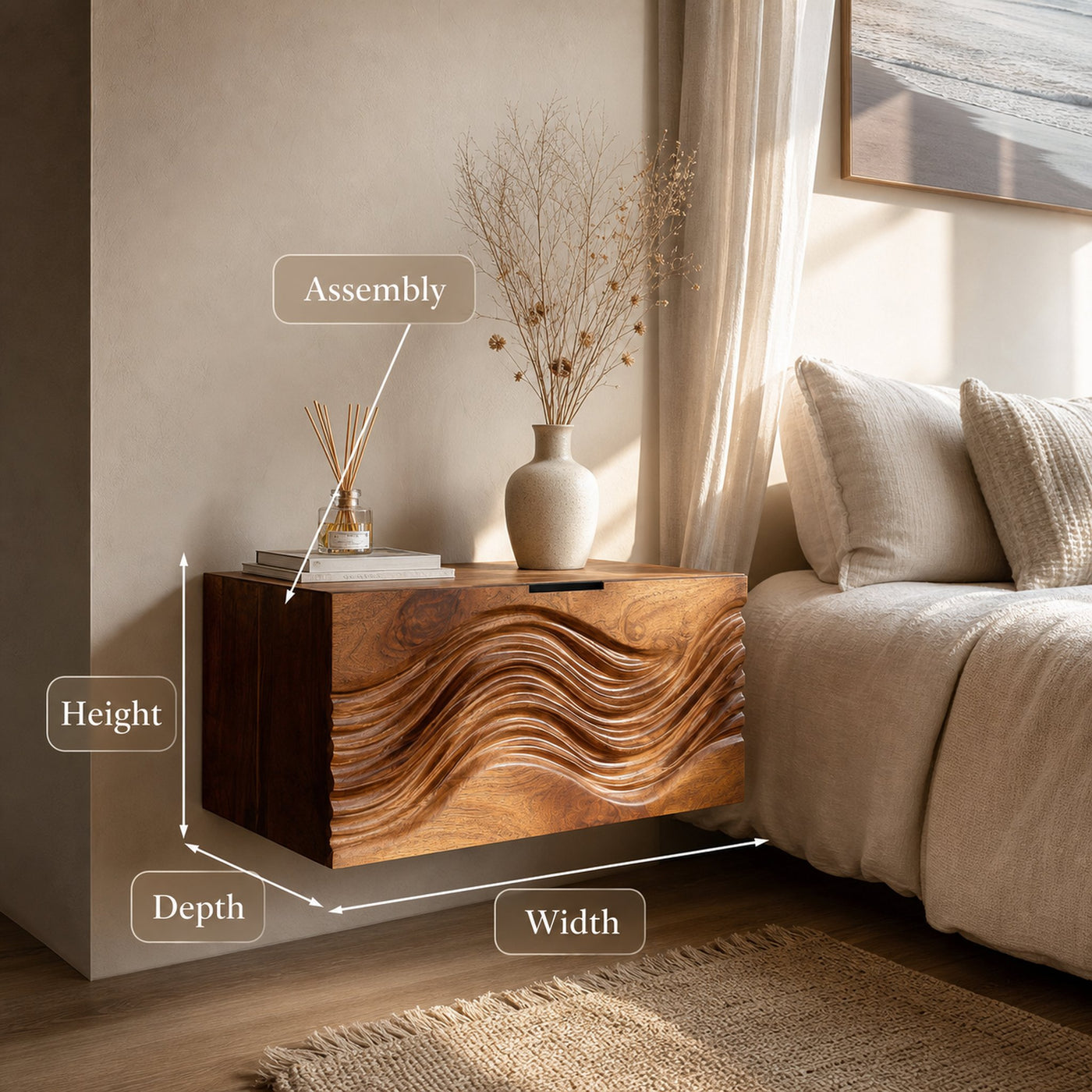 Modern Wooden Floating Nightstand With Wave Carved Front For Bedroom - product view 8