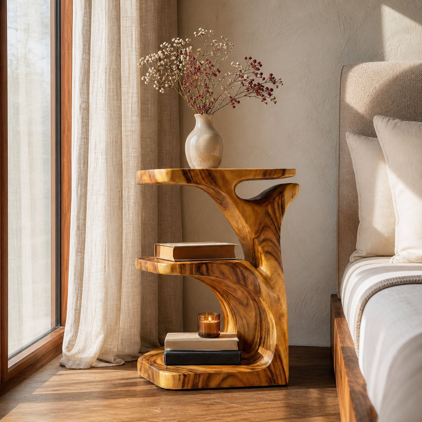 Modern Wooden Nightstand With Open Shelf For Bedroom