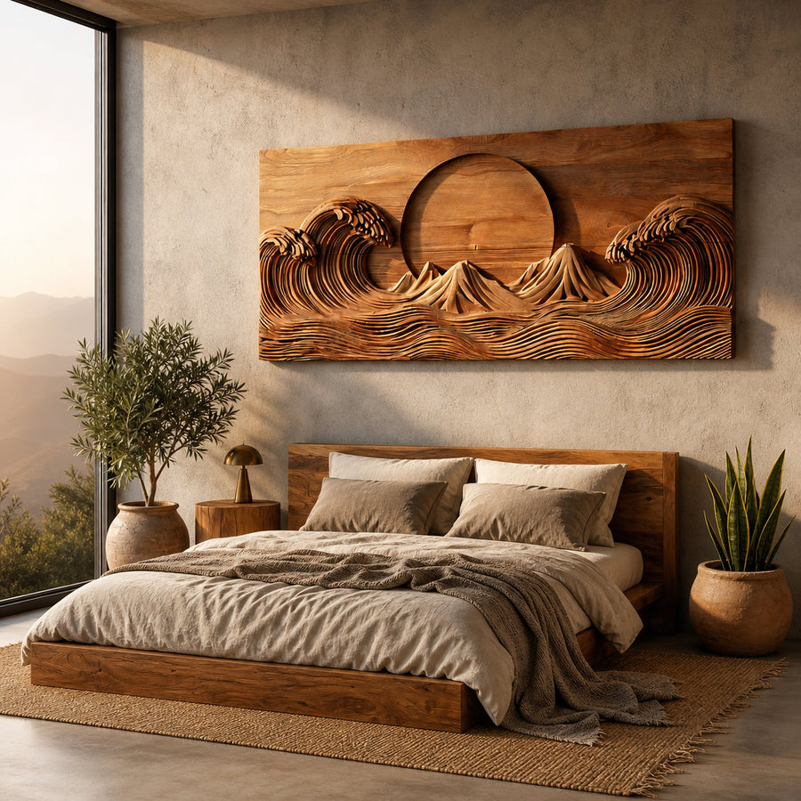 Modern Wooden Ocean Wave Wall Art Hand Carved For Bedroom Decor