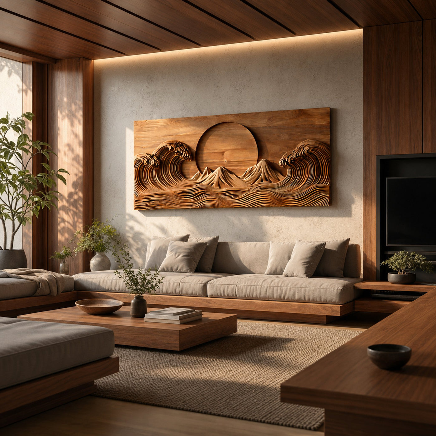 Modern Wooden Ocean Wave Wall Art Hand Carved For Bedroom Decor - product view 6