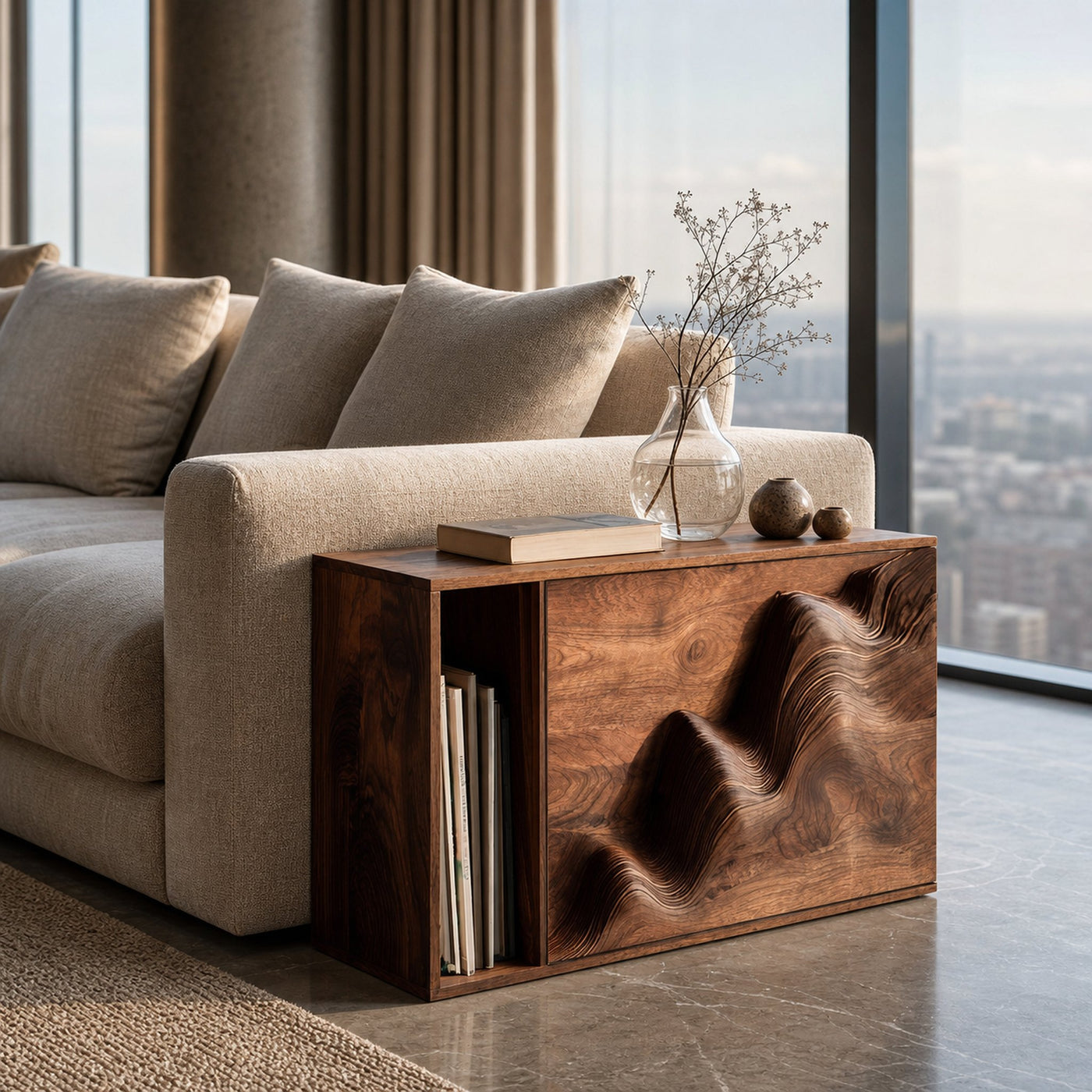 Modern Wooden Sculptural Wave Front Side Table For Living Room