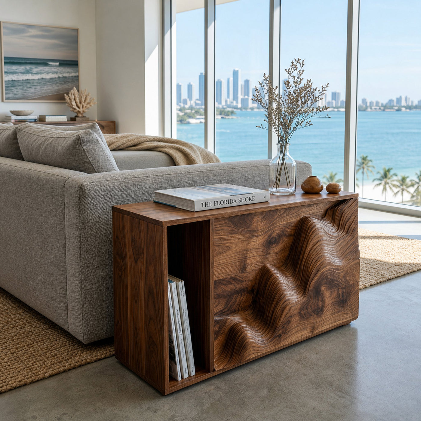 Modern Wooden Sculptural Wave Front Side Table For Living Room - product view 6