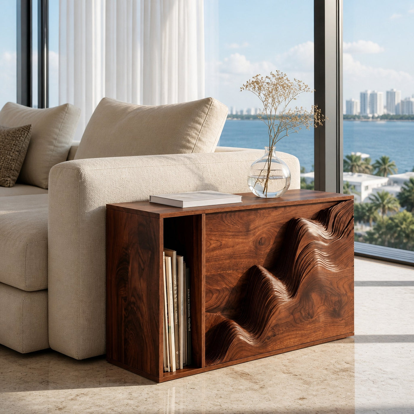 Modern Wooden Sculptural Wave Front Side Table For Living Room - product view 7