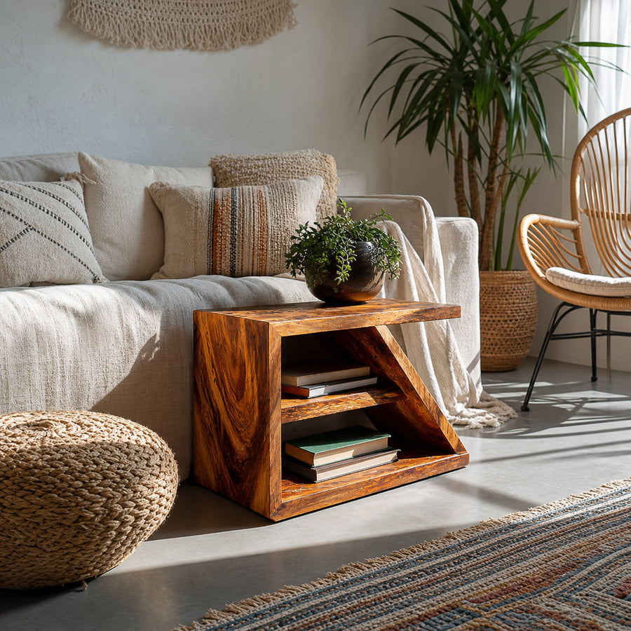 Modern Wooden Side Table With Open Shelf For Interior Decor