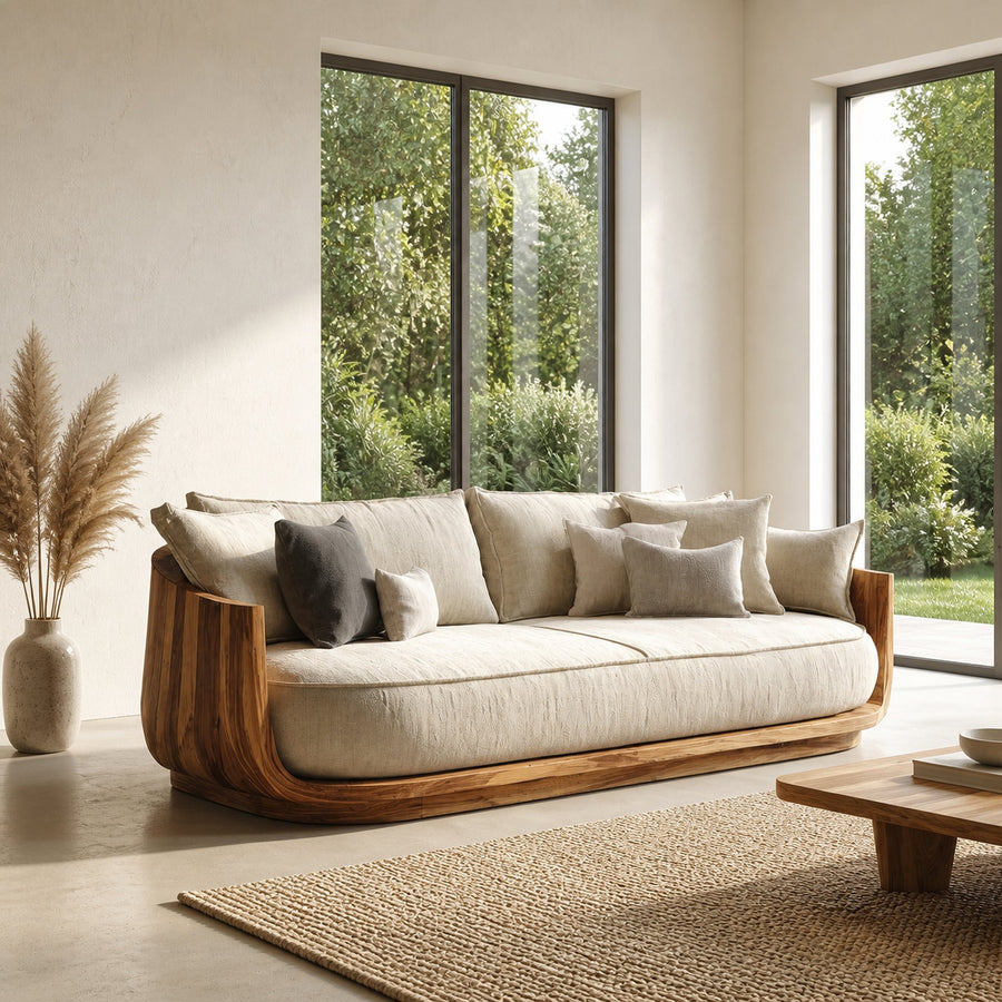 Modern Wooden Sofa With Flowing Rounded Edges For Home