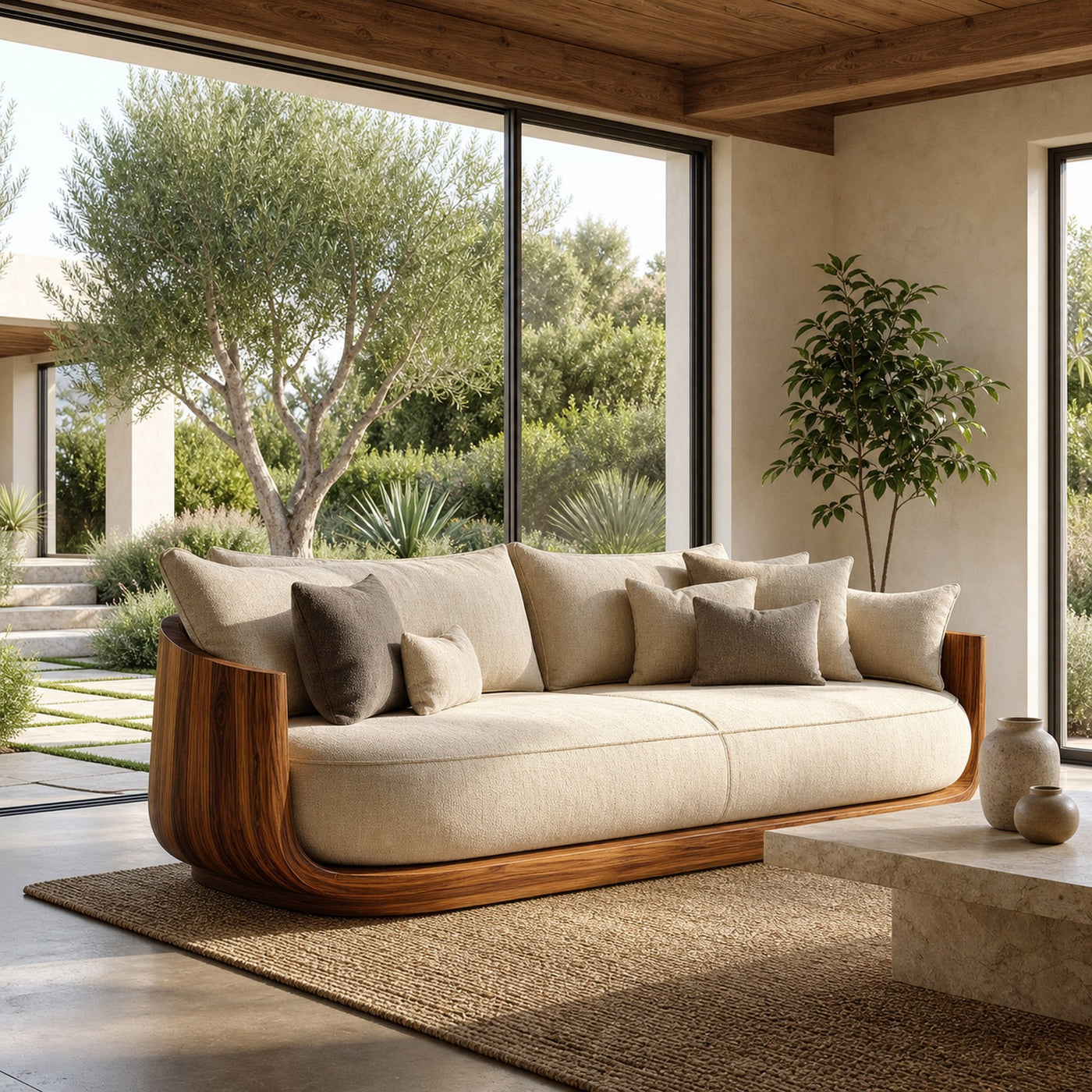 Modern Wooden Sofa With Flowing Rounded Edges For Home - product view 6