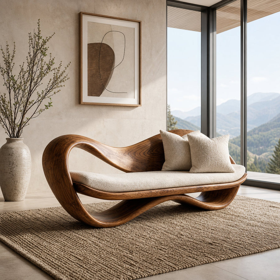 Modern Wooden Sofa With Sculptural Frame For Home Living