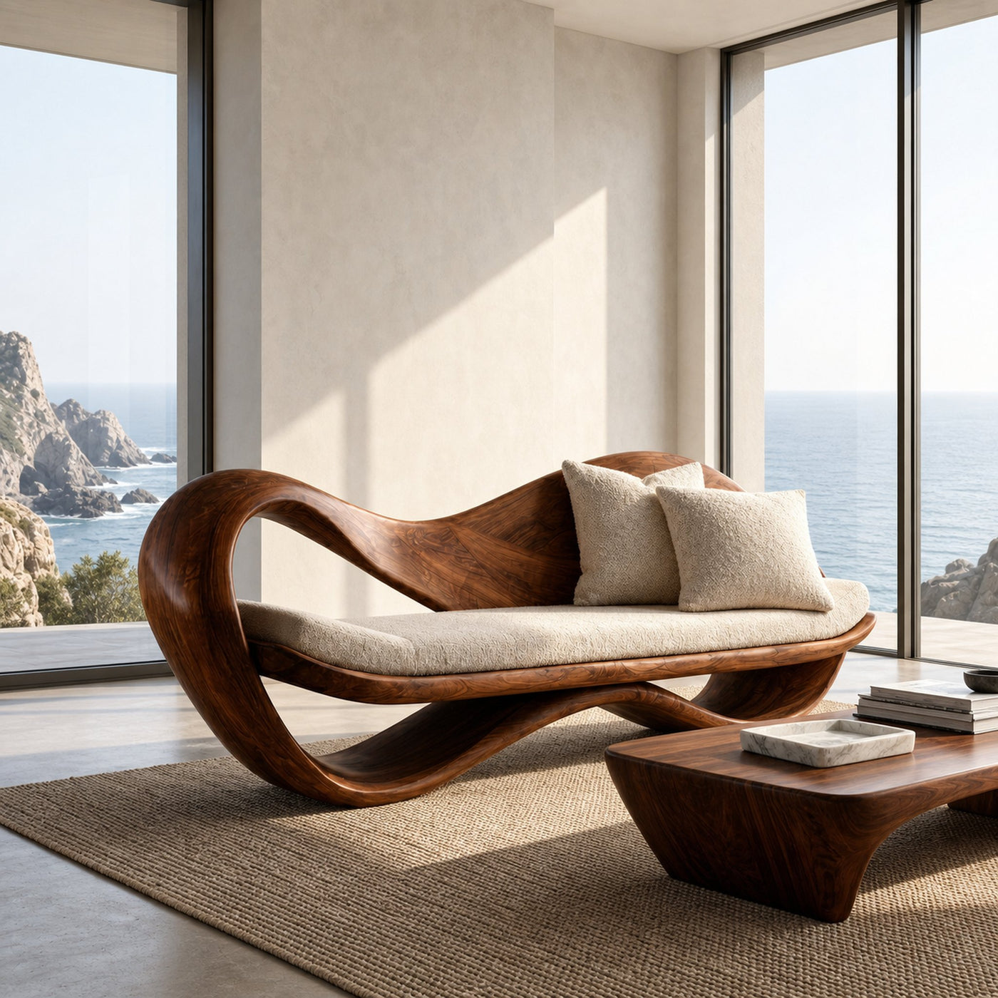 Modern Wooden Sofa With Sculptural Frame For Home Living - product view 6
