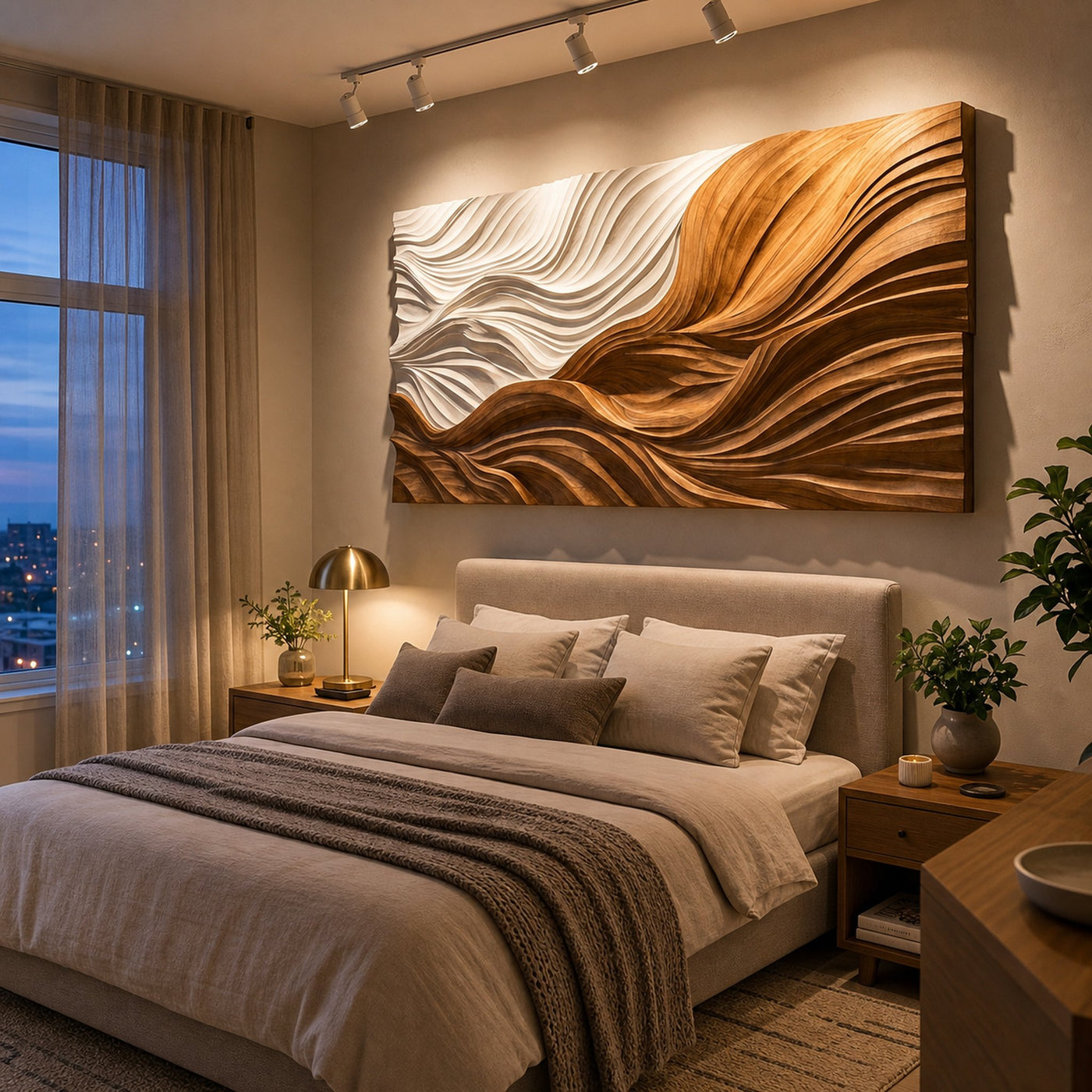 Modern Wooden Wall Art With Carved Wave For Home Decor
