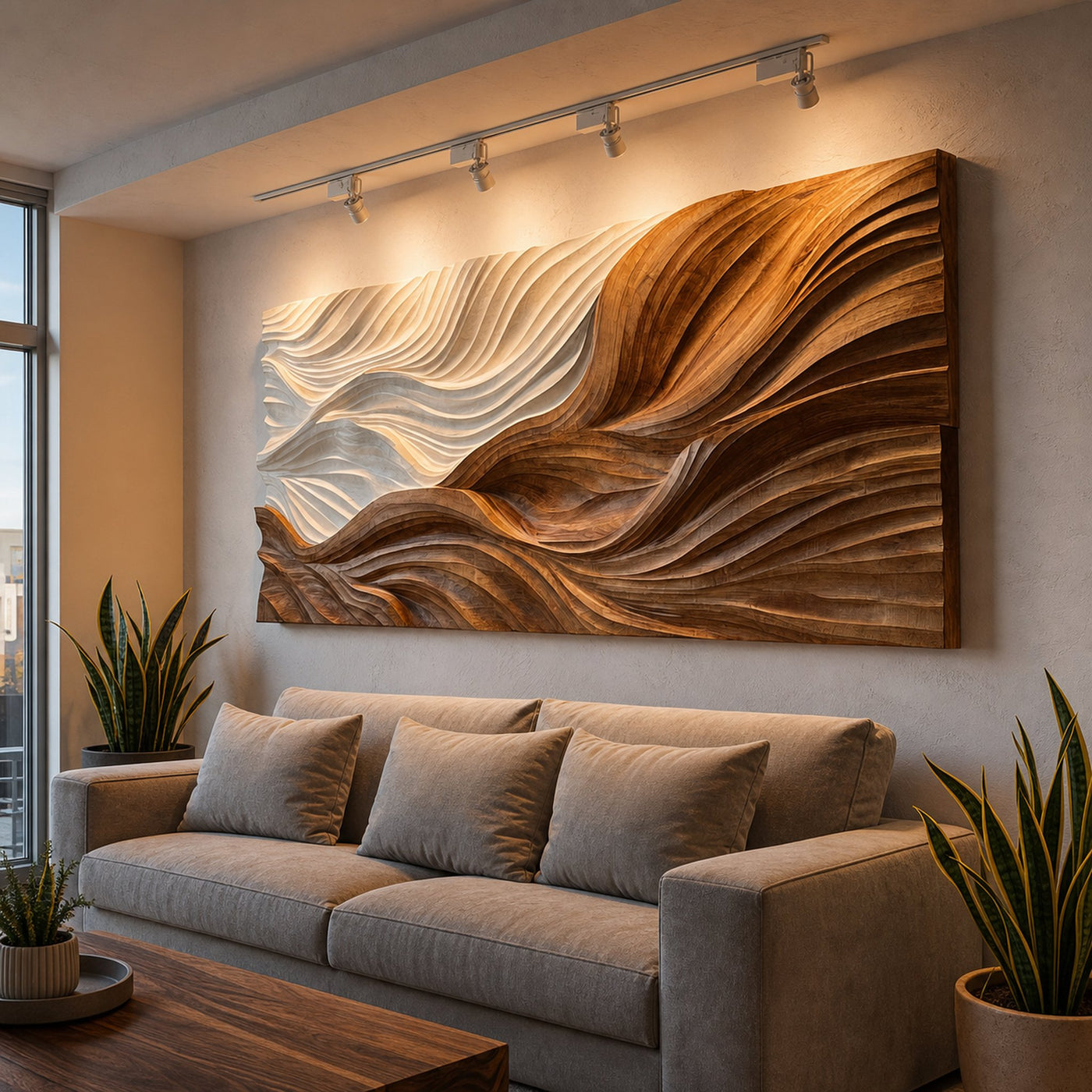 Modern Wooden Wall Art With Carved Wave For Home Decor - product view 6