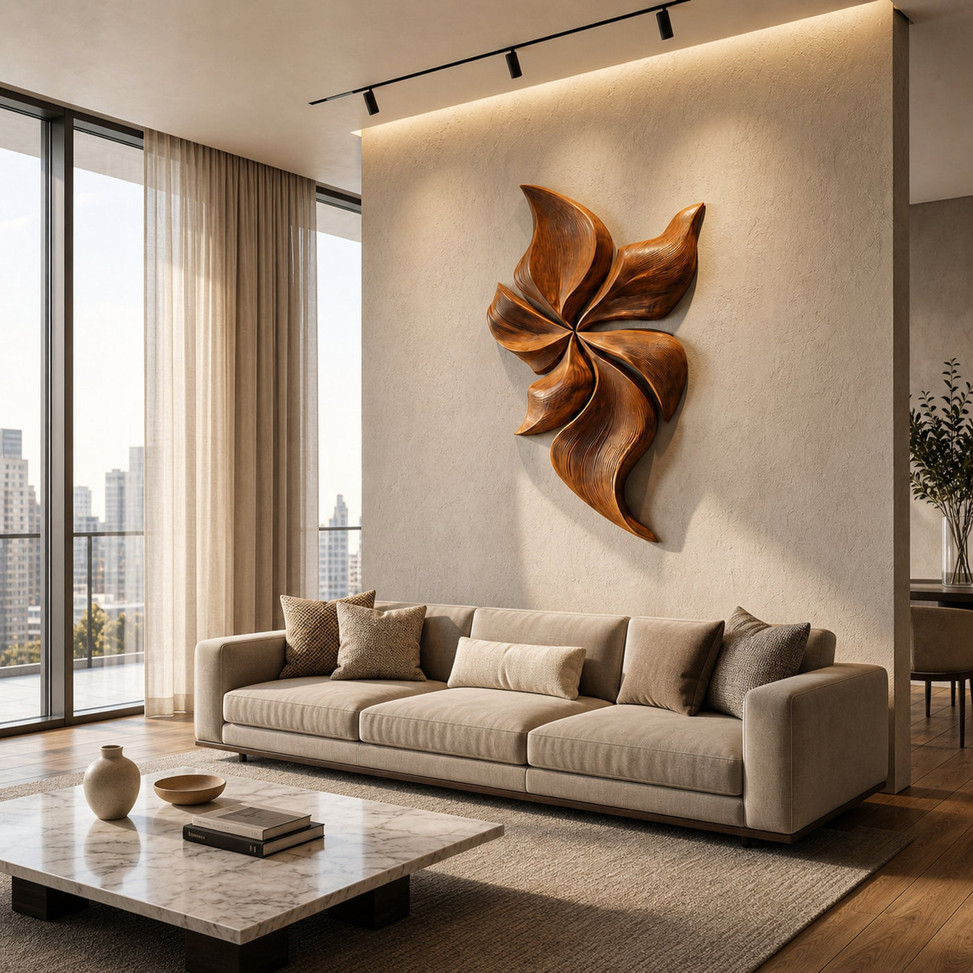 Modern Wooden Wall Art With Floral Inspired Sculpture For Living Room