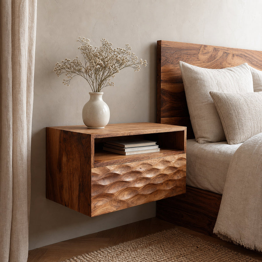 Modern Wooden Wall Mounted Nightstand With Open Shelf For Bedroom