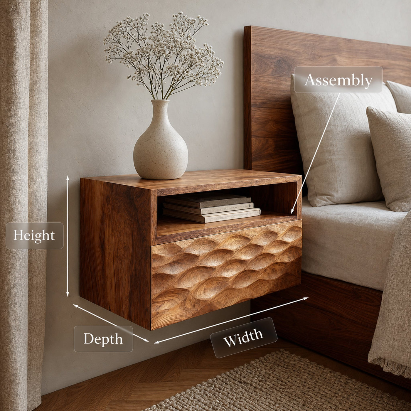Modern Wooden Wall Mounted Nightstand With Open Shelf For Bedroom - product view 8
